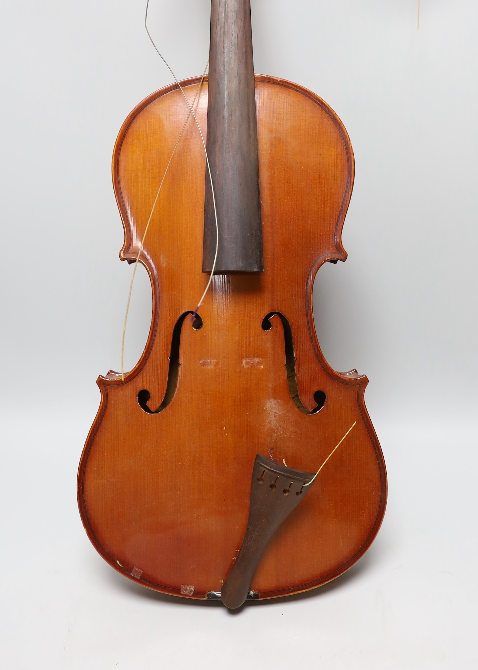 A cased viola and bow, viola back measures, 40.5cm